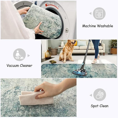 Lahome Modern Abstract Runner Rug with Rubber Backing - 2x6 Washable Rug Runners for Hallways Non Slip, 6 Ft Long Accent Carpet for Bathroom Kitchen Bedroom Entryway,Blue/Grey
