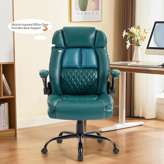 Massage Office Chair,500LBS Ergonomic Rocking Executive Desk Chairs with 4 Points Vibration&Heat,Padded Flipup Armrests for Big and Tall Office Chair,Swivel Computer Chair PU DarkGreen
