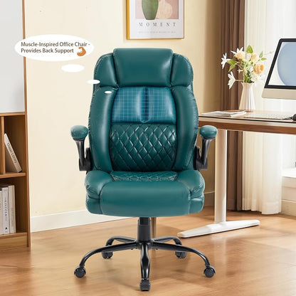 Massage Office Chair,500LBS Ergonomic Rocking Executive Desk Chairs with 4 Points Vibration&Heat,Padded Flipup Armrests for Big and Tall Office Chair,Swivel Computer Chair PU DarkGreen