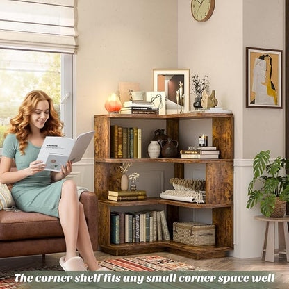 Armocity Corner Book Shelf - 4 Tier Corner Bookshelf Etagere Bookcase with Baffle, Freestanding L Shaped Display Shelf Stand for Home Office, Living Room, Bedroom, Kitchen, Rustic Brown