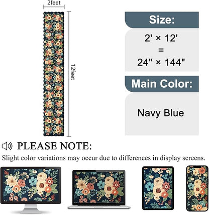 DUKINO 2x12 Runner Rug for Hallway, Soft Floral Washable Kitchen Runner Rug with Non Slip Backing, Lightweight & Low Pile Extra Loog Carpet for Entryway, Laundry Room, Entrance, Bedroom, Navy Blue