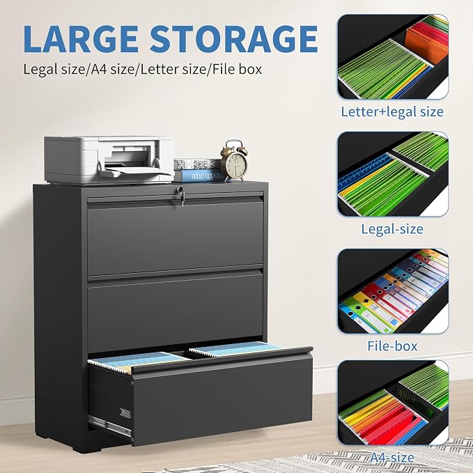 File Cabinets 3 Drawer,Metal Office Storage Filing Cabinet with Lock,Black Lateral Filing Cabinet for Home Office,Horizontal Locking File Cabinets for Legal/Letter/A4 Files,Assembly Required