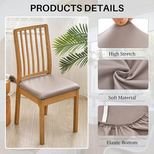 SearchI Waterproof PU Leather Seat Covers for Dining Chairs, 4 Pack Stretch Dining Room Chair Seat Covers, Kitchen Chair Seat Covers Protectors (Taupe)