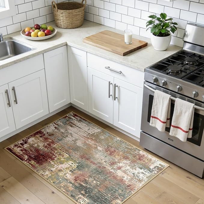 RELEANY Washable Area Rugs 3x4 Non-Slip Modern Abstract Soft for Living Room Entryway Bedroom Kitchen, Print Pattern, Brown Rust Red Green Blue Multi