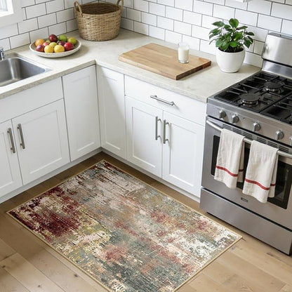 RELEANY Washable Area Rugs 3x4 Non-Slip Modern Abstract Soft for Living Room Entryway Bedroom Kitchen, Print Pattern, Brown Rust Red Green Blue Multi