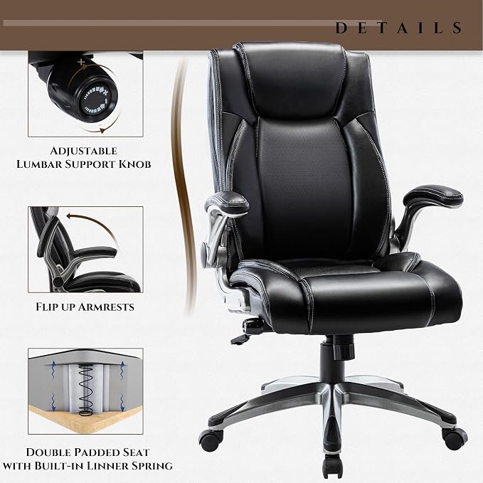 Office Chair Ergonomic Computer Chair, Executive Desk Chair with Adjustable Lumbar Support and Flip-up Arms, Swivel Rolling Work Chair-Black