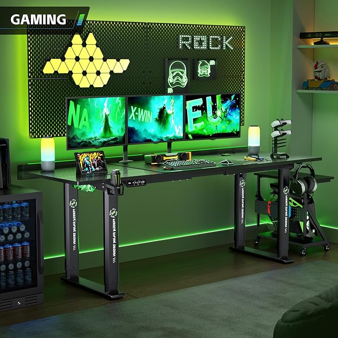 71" Gaming Standing Desk for Gamers & Streamers, 4-Leg Electric Sit Stand Desk with LED Lights, Flip-Top Cable Management, Stable Computer Desk with Wheels