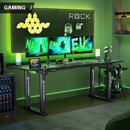 71" Gaming Standing Desk for Gamers & Streamers, 4-Leg Electric Sit Stand Desk with LED Lights, Flip-Top Cable Management, Stable Computer Desk with Wheels