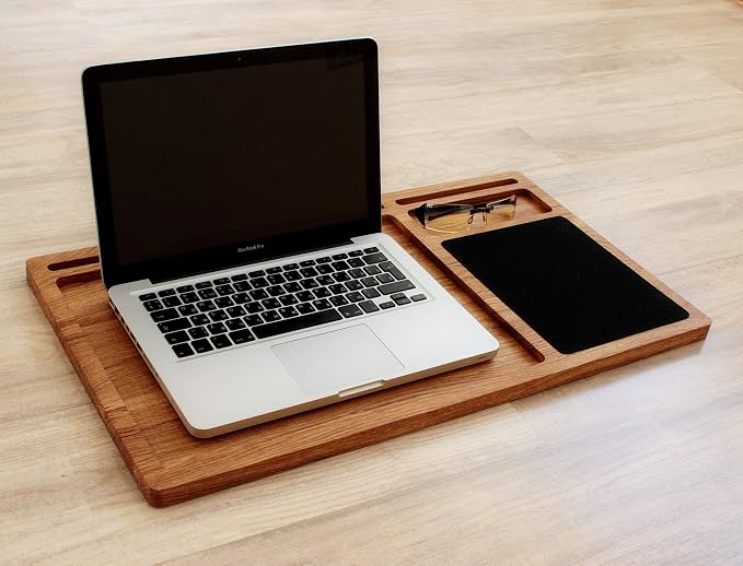 Personalized Solid Oak Wood Lap Desk Tray | Includes Mouse Pad & Slots for iMac & iPhone | Portable Laptop Stand, Phone & Tablet Holder | Multi-Tasking Mobile Workstation Idea for Him