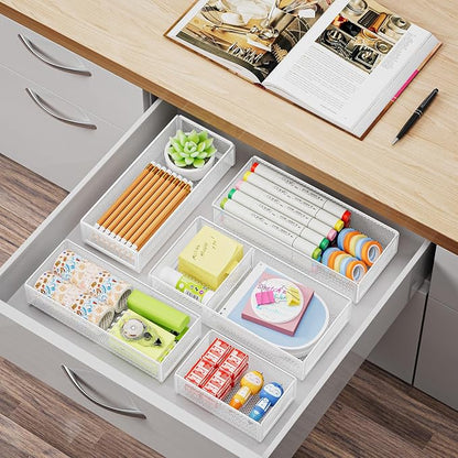 Marbrasse 5 Pack Desk Drawer Organizer Set, Mesh Drawer Storage Trays with 1 Adjustable Divider, Desk Organizers and Accessories, 5 PCS Drawer for Office Supplies, Makeup & Vanity (White)
