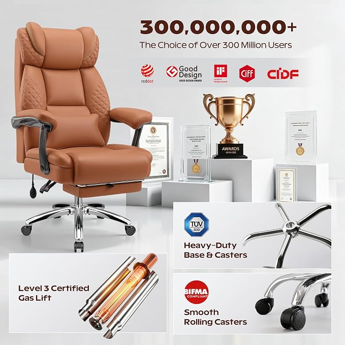 Office Chair, Ergonomic Desk Chair with Adjustable Lumbar Support for Back Pain, Extra Wide 400LBS Comfy Big and Tall Office Chair with Footrest, Executive Leather Computer Game Chair for Heavy People