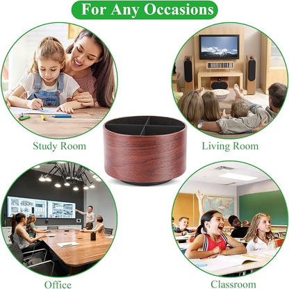 Round Leather Art Supply Organizer,Remote Control Holder,360 Degree Spinning,Multi-Functional Pencil Holder,4 Compartments Desktop Stationary Organizer(1-Light Brown2)