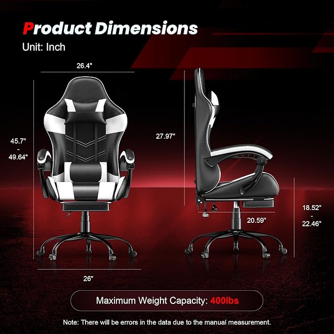 Gaming Chair with Footrest, Ergonomic Video Game Chair with Headrest and Lumbar Support, 400 lbs Adult Chair, Height Adjustable 360° Swivel High Back Reclining Computer Chair for Home Office (White)