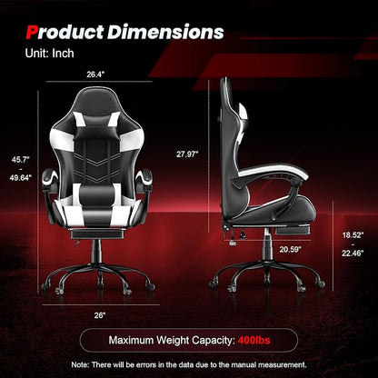 Gaming Chair with Footrest, Ergonomic Video Game Chair with Headrest and Lumbar Support, 400 lbs Adult Chair, Height Adjustable 360° Swivel High Back Reclining Computer Chair for Home Office (White)