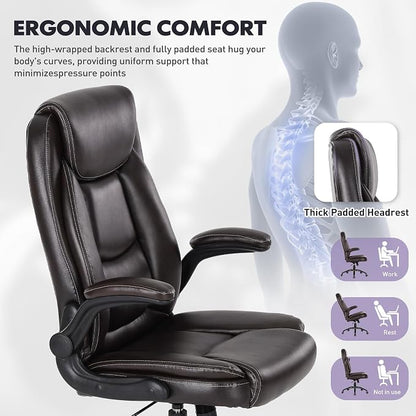 400lbs Capacity Executive Desk Chair with Ergonomic Lumbar Support, Flip-up Arms & High Back Leather Computer Chair for Home/Office, Brown