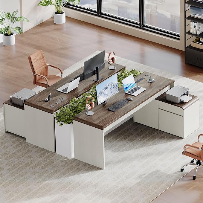 Mid-Century Modern 78" L-Shaped Executive Desk with Independent Mobile File Cabinet, Large Home Office Desk with Drawers and 4 AC + 2 USB Power Outlets, Waterfall Edge Design, White & Walnut