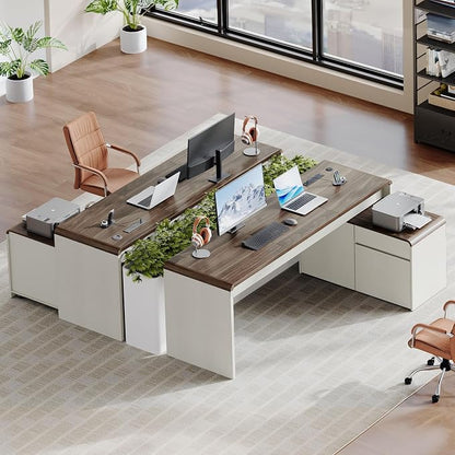 Mid-Century Modern 78" L-Shaped Executive Desk with Independent Mobile File Cabinet, Large Home Office Desk with Drawers and 4 AC + 2 USB Power Outlets, Waterfall Edge Design, White & Walnut