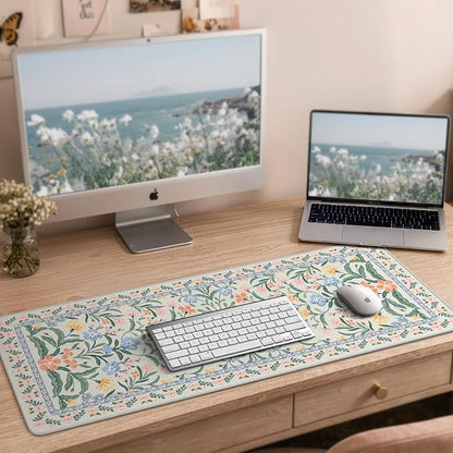 iCasso Aesthetic Floral Desk Mat, L Mouse Pads, Anti-Slip Mousepad with Stitched Edges, Waterproof Computer Pad 11.8"x31.5", Green Desk Accessories Office Decor for Women(Green Floral)