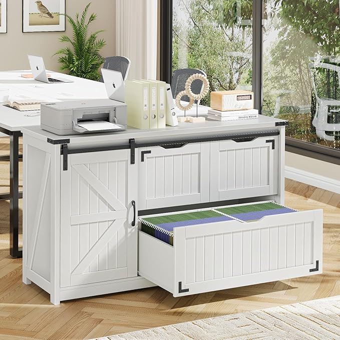 Halitaa 47.8” Farmhouse Lateral File Cabinet with Sliding Barn Door, 3 Drawers Filing Storage Cabinets with Adjustable Shelf, Office Printer Stand for Hanging Files Letter/Legal/A4/F4.Cream White