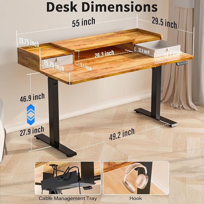 Kingant 55 x 30 Inch Electric Standing Desk with Dual Drawers, Adjustable Height Computer Desk for Home Office, Large Workstation Sit Stand Up Desk with Built-in Storage Shelf, Light Rustic Brown