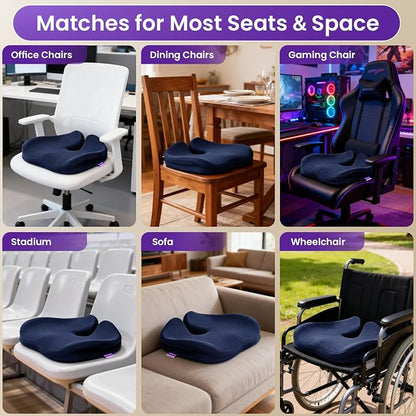 ZZ-WELL Seat Cushions for Office Chairs, Patented Pressure Relief Coccyx Cushion for Tailbone Pain, Memory Foam Butt Pillows for Wheelchair Car Sitting, Carrying Handle, Non-Slip (Navy Blue, Large)