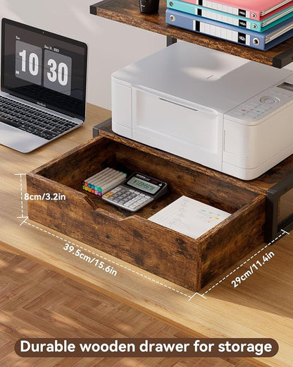 IBUYKE 2 Tier Desktop Printer Stand,Printer Table with Storage Shelf,Multi-Purpose Desk Organizer for Folders,Books,for Fax Machine, Scanner,Home Office,Brown TLJ015H
