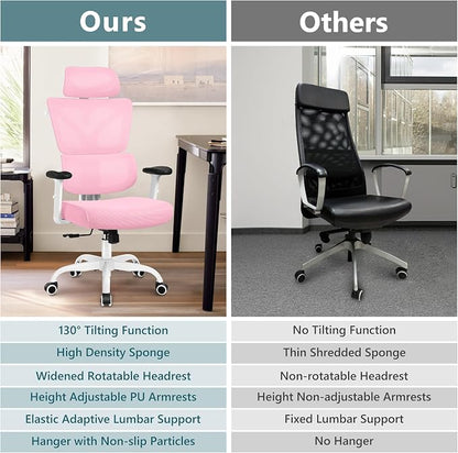 Winrise Office Chair Ergonomic Desk Chair, High Back Gaming Chair, Big and Tall Reclining Chair Comfy Home Office Desk Chair Lumbar Support Breathable Mesh Computer Chair Adjustable Armrests (Pink)