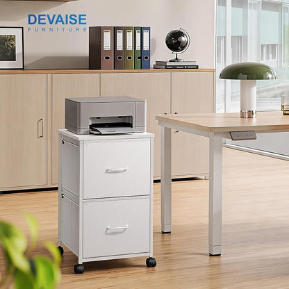 DEVAISE 2 Drawer Mobile File Cabinet, Rolling Printer Stand with Open Storage Shelf, Fabric Vertical Filing Cabinet fits A4 or Letter Size for Home Office, White