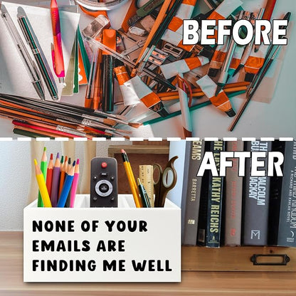 Funny Office Pen Pencil Holder Organizer for Desk, Sarcastic Gifts for Women Men, Funny Coworkers Gifts Wooden Box Sign for Home Office Desk Tabletop Decorations