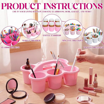 Suclain 6 Pcs Classroom Caddy with Handle Plastic Caddy Organizer with 6 Compartments Drink Cup Caddies Holder Portable Desk Crayon Storage Basket Pin for Teacher Kids Office School(Pink)
