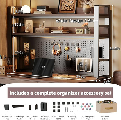 Desktop Hutch Bookshelf, 2-Tier Metal Desk Shelf for Top of Desk | Heavy Duty Countertop Organizer Rack with Peg Board & Accessories Space-Saving Storage for Dorm, Office & Home