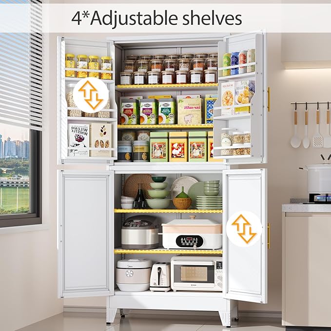 White Pantry Storage Cabinet, 75" Kitchen Pantry with Doors and 3 Adjustable Shelves, Metal Freestanding Buffet Cupboards Sideboard, for Office, Home, Garage, School