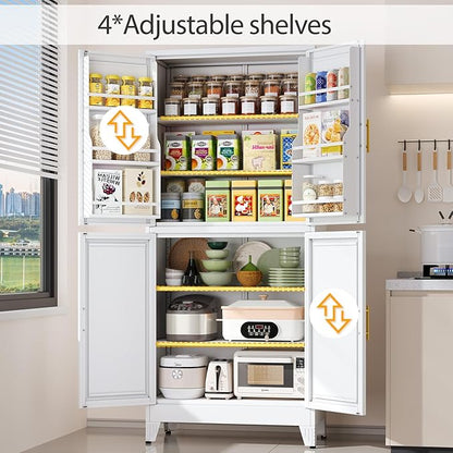 White Pantry Storage Cabinet, 75" Kitchen Pantry with Doors and 3 Adjustable Shelves, Metal Freestanding Buffet Cupboards Sideboard, for Office, Home, Garage, School
