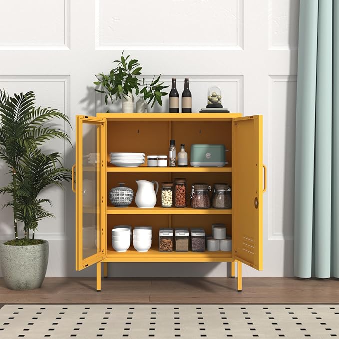 Yellow Food Storage Cabinet with Lock, 2-Door Steel Cabinet, 2 Adjustable Shelves, Metal Pantry Locker Freestanding Kitchen Storage Locker for Dining Room Living Room Size:33" H X 29.5" W X 13.8" D