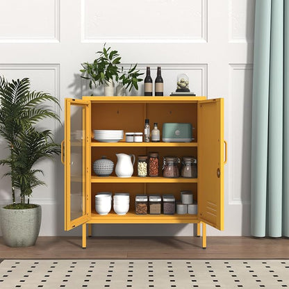Yellow Food Storage Cabinet with Lock, 2-Door Steel Cabinet, 2 Adjustable Shelves, Metal Pantry Locker Freestanding Kitchen Storage Locker for Dining Room Living Room Size:33" H X 29.5" W X 13.8" D
