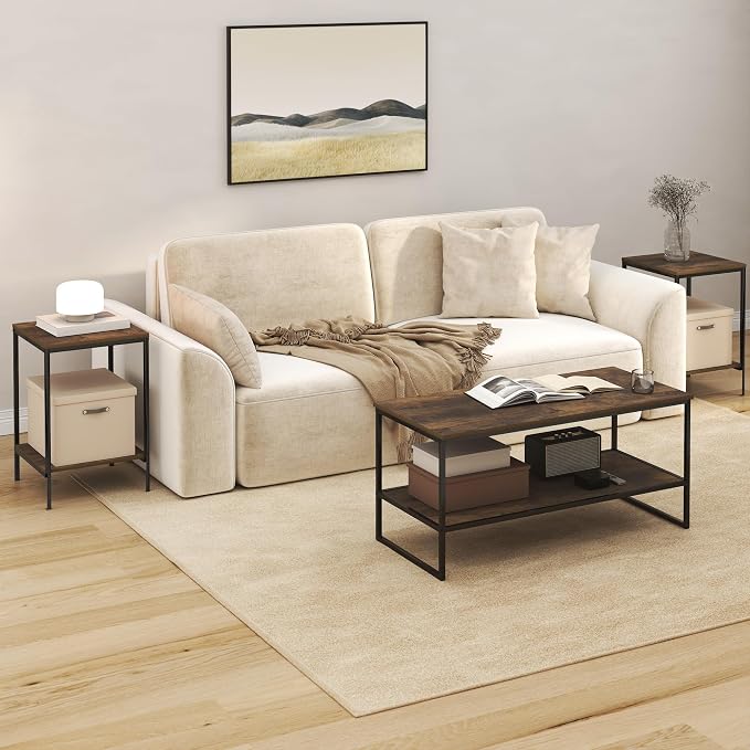 Furinno Simplistic Coffee Table and End Table Set of 3, Modern Metal Frame 2-Tier Coffee Table & 2 Square Side Tables, Night Stands Set, for Living Room, Bedroom, Home Office, Amber Pine