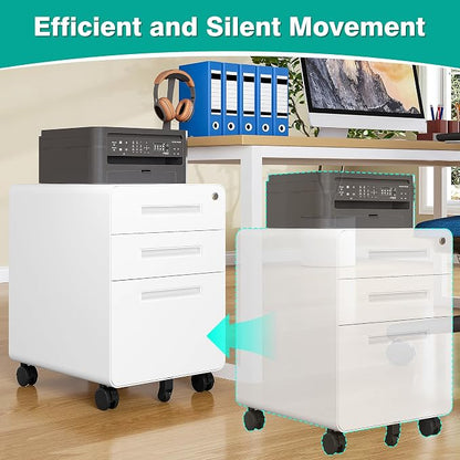 3 Drawer File Cabinet with Lock,Under Desk File Cabinet,White Rolling File Cabinets,Three Drawer Filing Cabinets for Home Office with Wheels,Fit A4/Letter/Legal File,Fully Assembled Except Casters