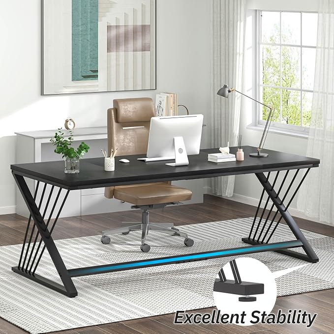 FOLUBAN 70.9" Black Computer Desk, Modern Home Office Desk, Large Gaming Workstation Executive Desk with Z-Shaped Legs, 2 Person Large Study Writing Table for Bedroom