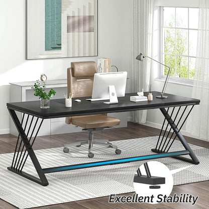 FOLUBAN 70.9" Black Computer Desk, Modern Home Office Desk, Large Gaming Workstation Executive Desk with Z-Shaped Legs, 2 Person Large Study Writing Table for Bedroom