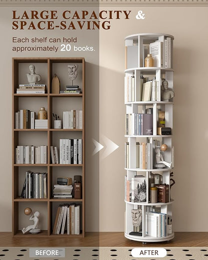 6-Tier Solid Wood Rotating Bookshelf on Wheels, 360° Spinning Book Shelf Tower, Round Revolving Bookcase Organizer, Rolling Bookshelves for Small Spaces, Corner, Bedroom, Kids Room, Office, White