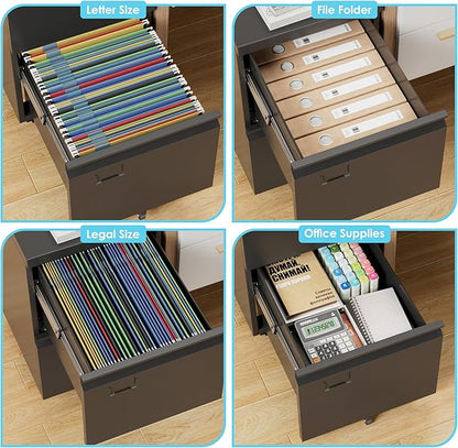 SUXXAN 2 Drawer Mobile File Cabinet with Lock, Heavy Duty Steel Under Desk Filing Cabinet for Letter/Legal Size, Anti-Tip Design with 5 Casters, Metal Storage Organizer for Home Office