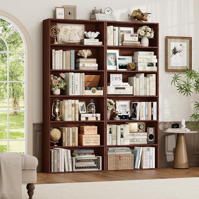 FOTOSOK 6-Tier Open Bookcase and Bookshelf, Freestanding Display Storage Shelves Tall Bookcase for Bedroom, Living Room and Office,Cherry Set of 2