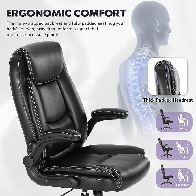 400lbs Capacity Executive Desk Chair Set of 2 with Ergonomic Lumbar Support, Flip-up Arms & High Back Leather Computer Chair for Home/Office, Black
