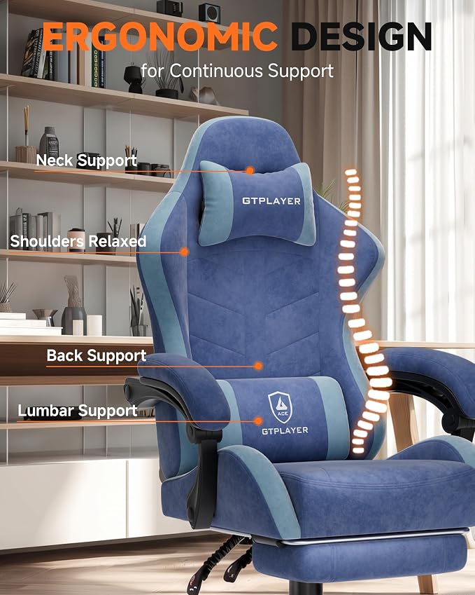 GTPLAYER Gaming Chair with Footrest, Computer Gaming Chair for Adults, Height Adjustable Gamer Chair with 90-155° Recline & Removable Headrest Lumbar Support,Performance Fabric Blue