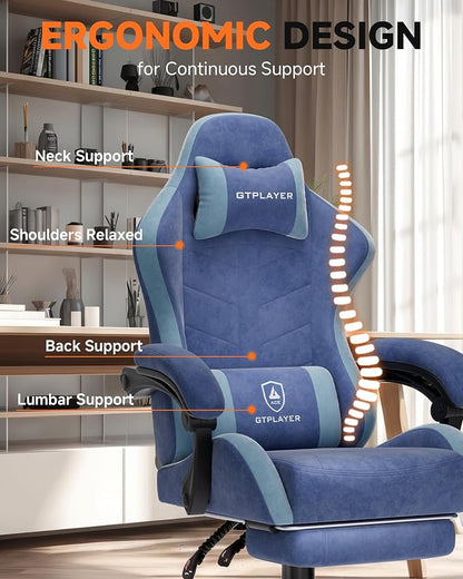 GTPLAYER Gaming Chair with Footrest, Computer Gaming Chair for Adults, Height Adjustable Gamer Chair with 90-155° Recline & Removable Headrest Lumbar Support,Performance Fabric Blue