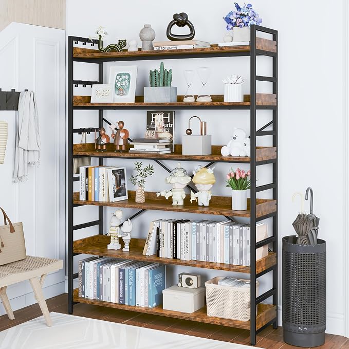 HCHQHS 6 Tier Bookshelf, Adjustable Industrial Bookcase, Vertical Tall Book Shelf, Wood and Black Metal Open Bookshelves for Home Office, Living Room, Bedroom
