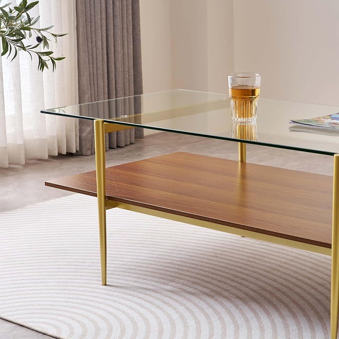 LumFurn X-Large Rectangle Glass Coffee Table, Mid-Century Modern Design for Living Room, L47xW24xH17 inch, 2-Tier Structure, Clear Glass Top and Walnut MDF Shelf, Conical Metal Legs with Gold Finish