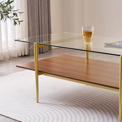 LumFurn X-Large Rectangle Glass Coffee Table, Mid-Century Modern Design for Living Room, L47xW24xH17 inch, 2-Tier Structure, Clear Glass Top and Walnut MDF Shelf, Conical Metal Legs with Gold Finish