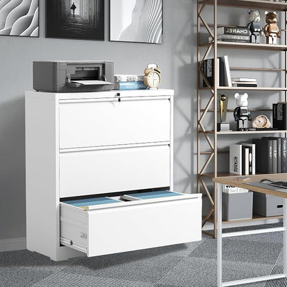 File Cabinets 3 Drawer,Metal Office Storage Filing Cabinet with Lock,White Lateral Filing Cabinet for Home Office,Horizontal Locking File Cabinets for Legal/Letter/A4 Files,Assembly Required