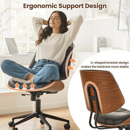 ovios Home Office Chair with Wheels, Modern PU Leather Swivel Computer Desk Chair, Mid Back Adjustable Height Armless Walnut Chairs for Office (Black Button)